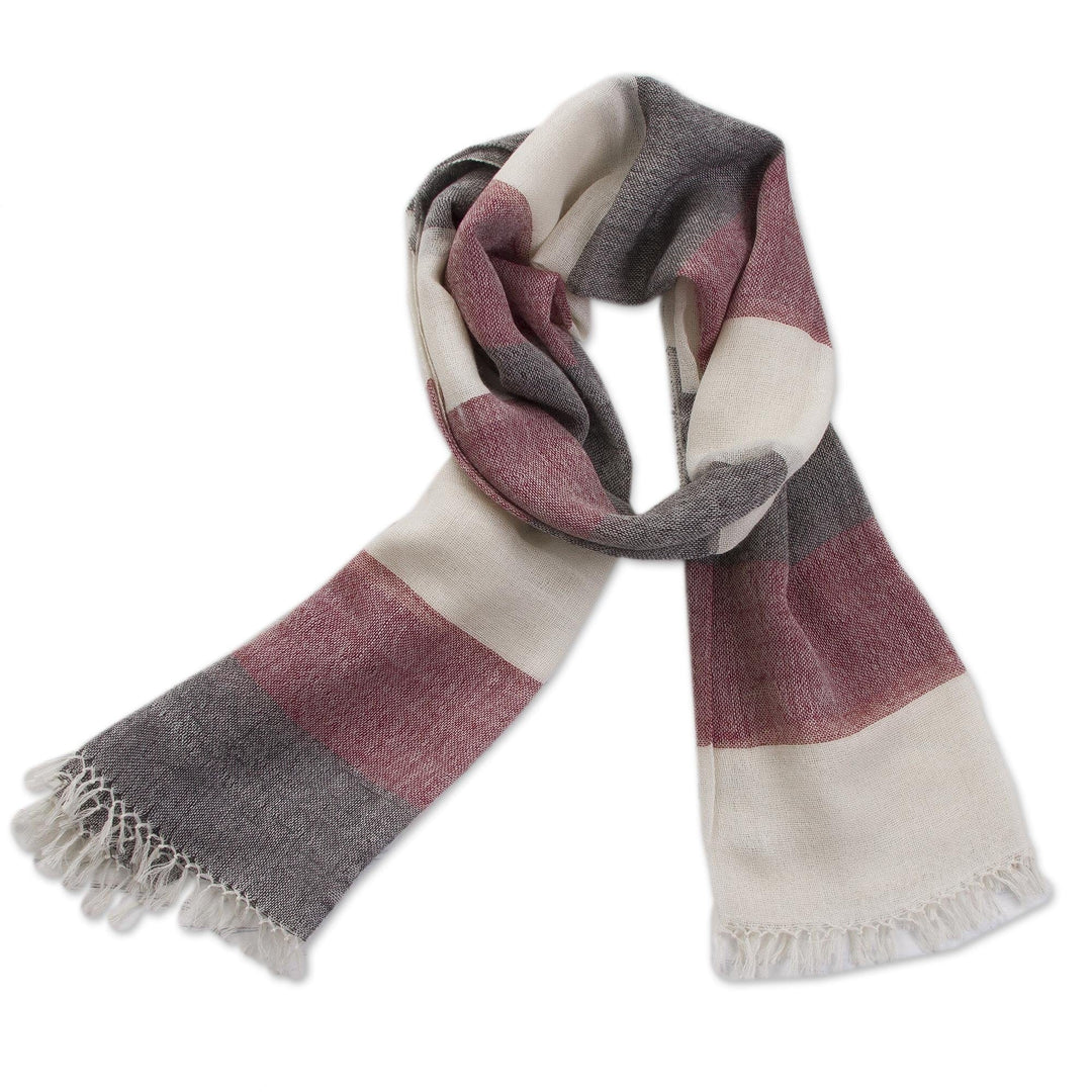 100% Alpaca Wool Dark Red Off White and Black Striped Scarf - Favorite Cabernet