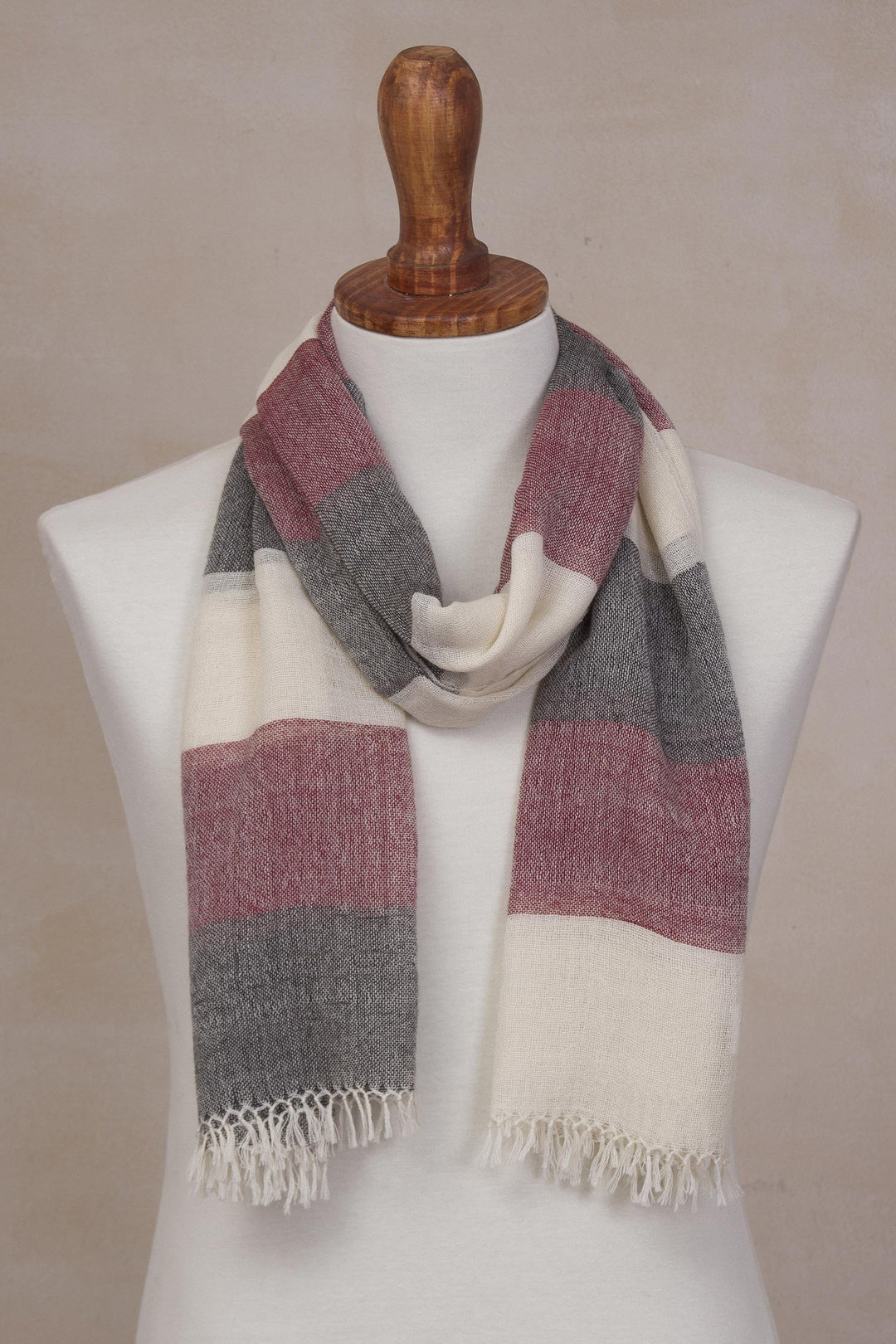 100% Alpaca Wool Dark Red Off White and Black Striped Scarf - Favorite Cabernet