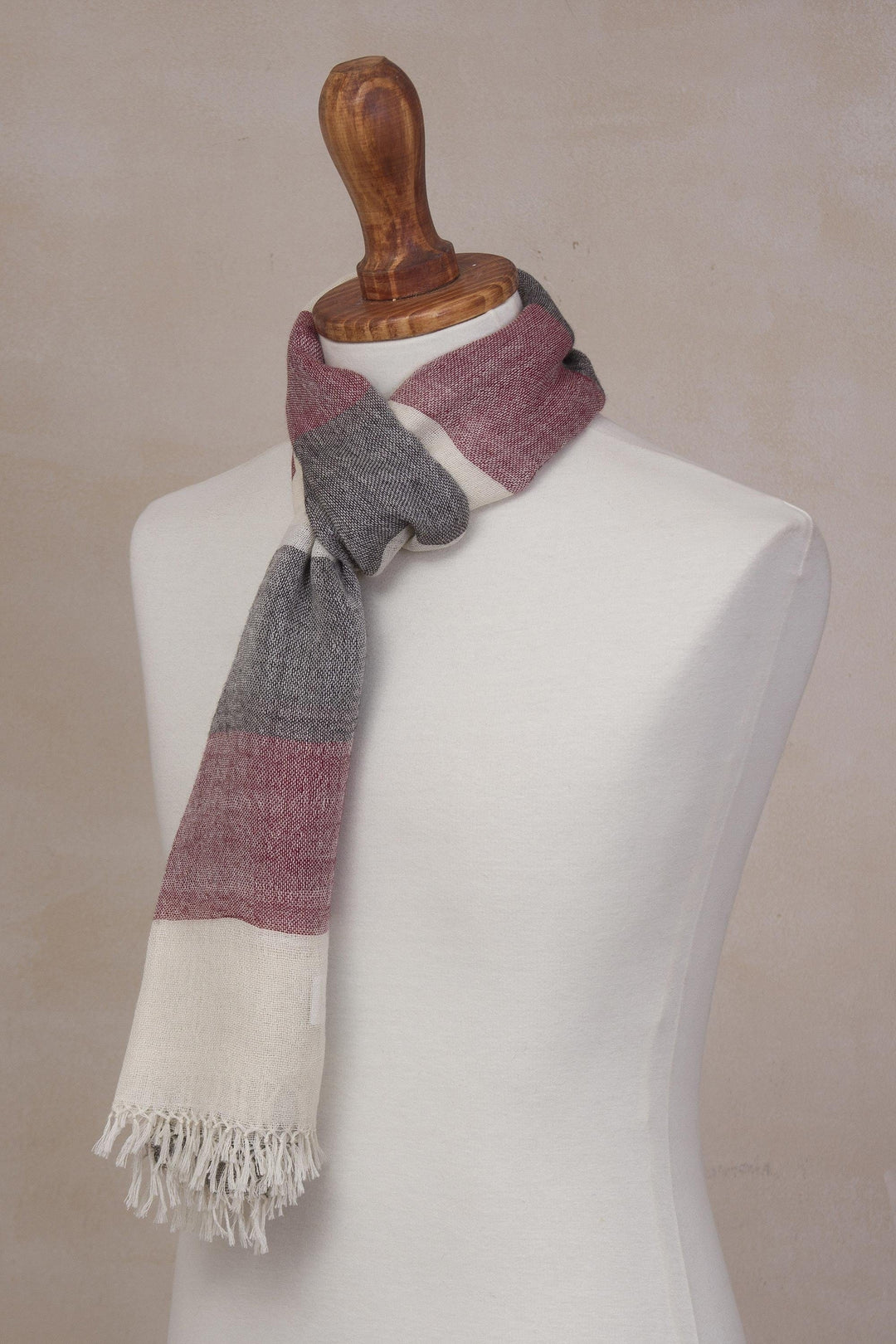 100% Alpaca Wool Dark Red Off White and Black Striped Scarf - Favorite Cabernet