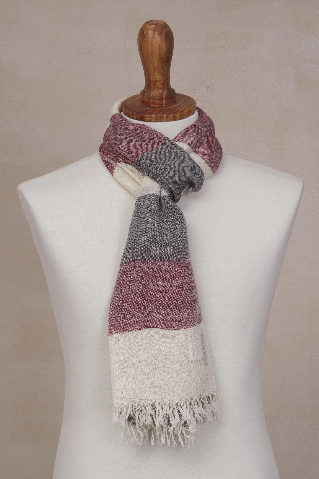 100% Alpaca Wool Dark Red Off White and Black Striped Scarf - Favorite Cabernet