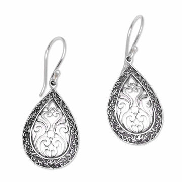 Sterling Silver Balinese Tendrils Tear Drop Dangle Earrings - Silver Drop