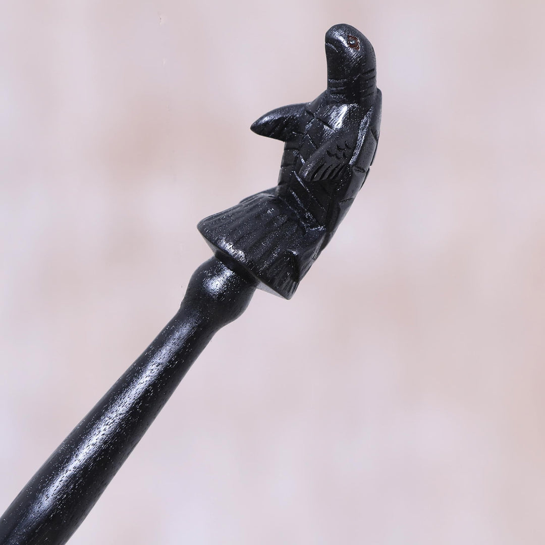 Black Turtle Themed Wood Back Scratcher Hand Carved in Bali - Turtle Relief in Black