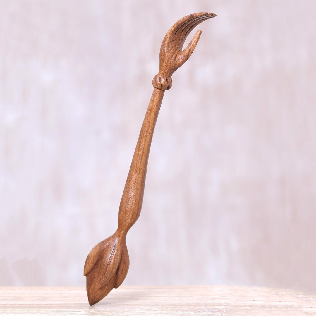 Lotus Flower Wood Hand Back Scratcher Hand Carved in Bali - Lotus Ease in Natural
