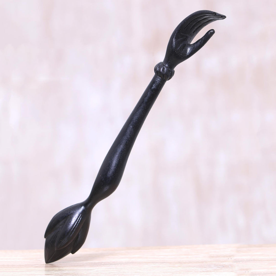 Black Lotus Flower Wood Hand Back Scratcher from Bali - Lotus Ease in Black