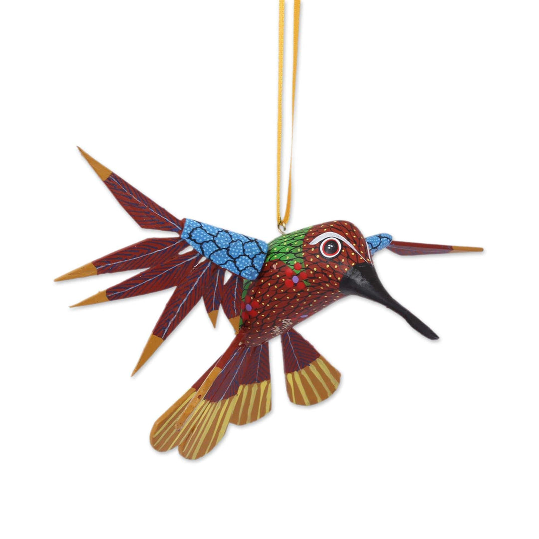 Copal Wood Red Multicolor Alebrije Hummingbird Ornament - Fanciful Flutter in Red