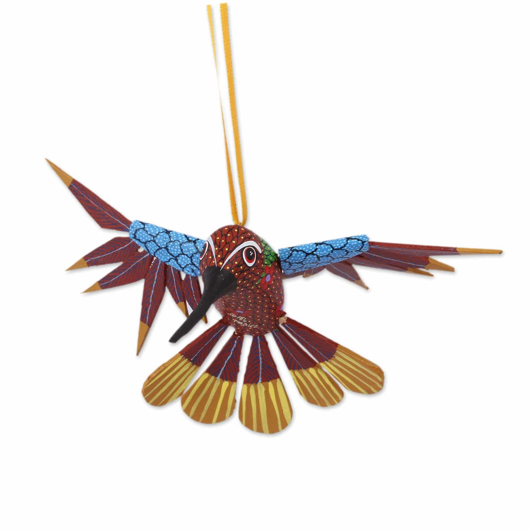 Copal Wood Red Multicolor Alebrije Hummingbird Ornament - Fanciful Flutter in Red