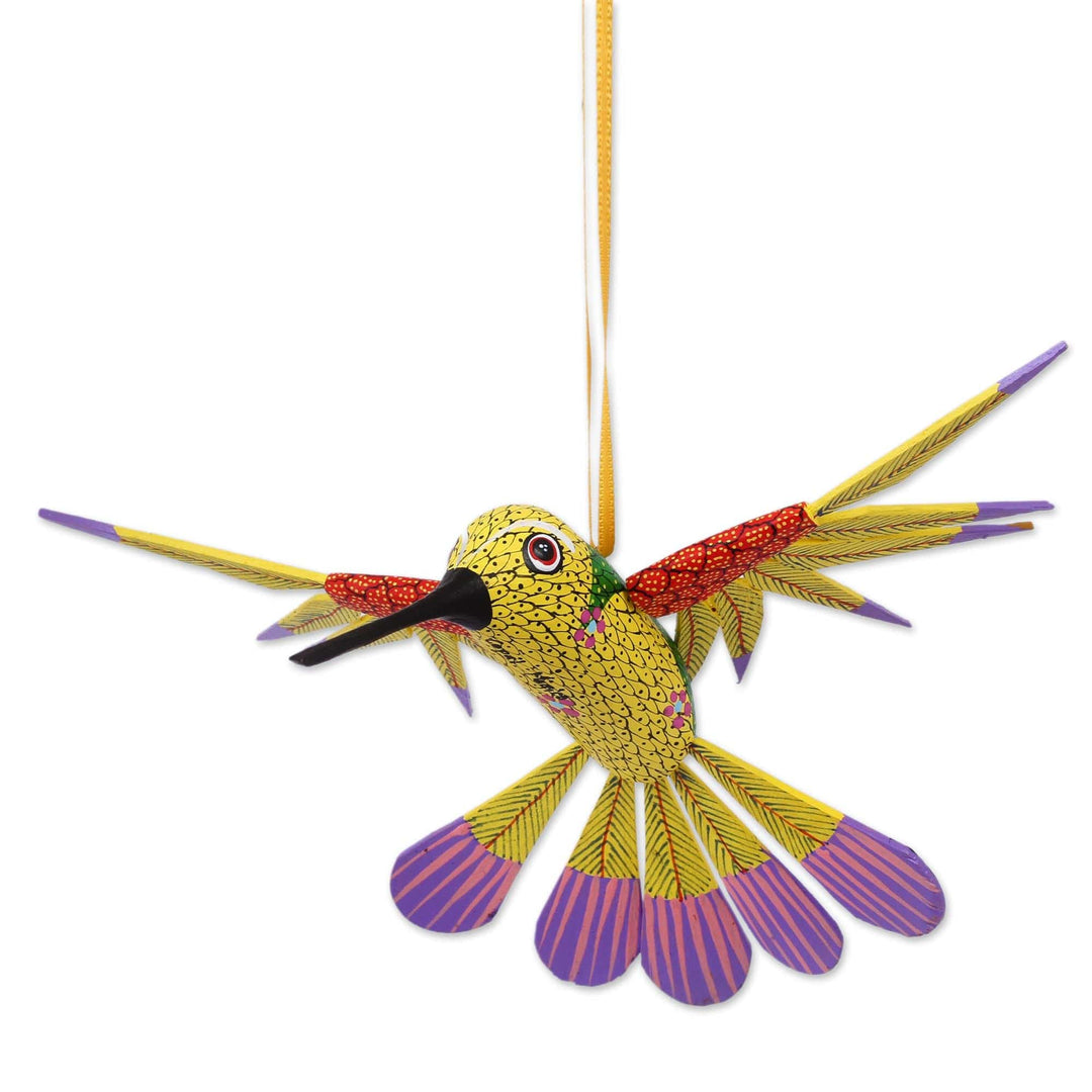 Copal Wood Yellow Colorful Alebrije Hummingbird Ornament - Fanciful Flutter in Yellow