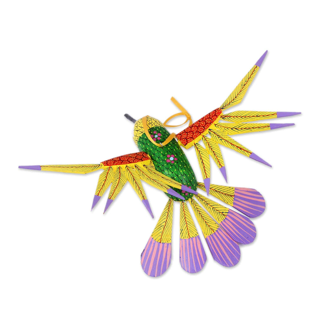 Copal Wood Yellow Colorful Alebrije Hummingbird Ornament - Fanciful Flutter in Yellow
