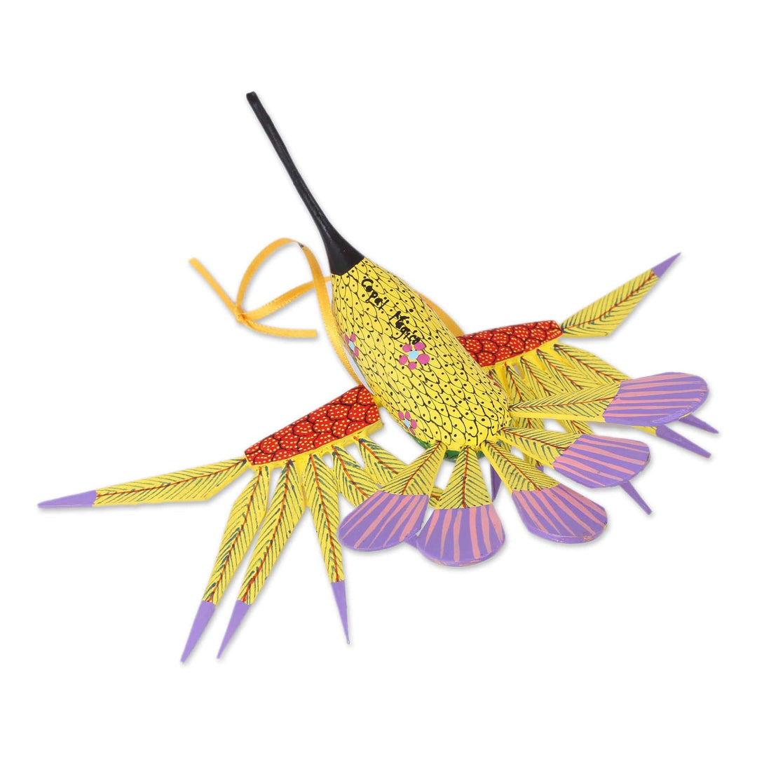 Copal Wood Yellow Colorful Alebrije Hummingbird Ornament - Fanciful Flutter in Yellow