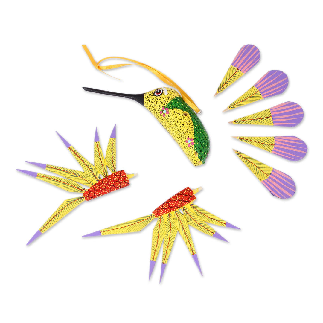 Copal Wood Yellow Colorful Alebrije Hummingbird Ornament - Fanciful Flutter in Yellow