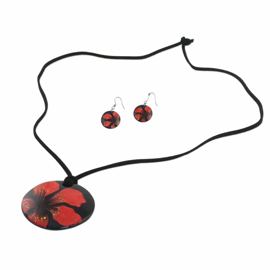 Handmade Red Floral Ceramic Necklace and Earring Set - Floral Melody