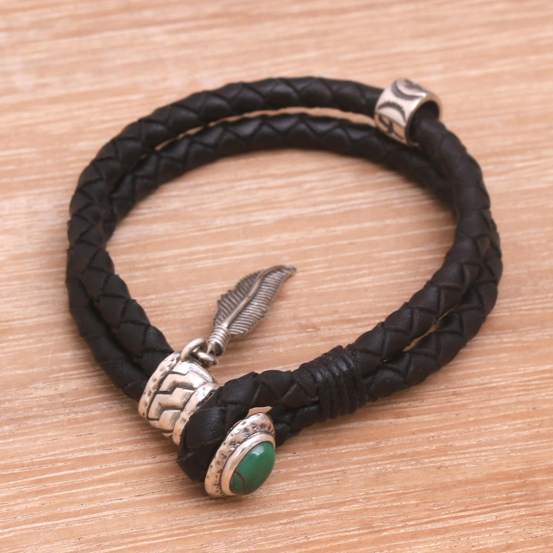 Turquoise and Leather Braided Wristband Bracelet from Bali - Feather of Bravery