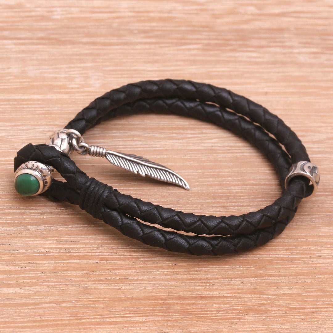 Turquoise and Leather Braided Wristband Bracelet from Bali - Feather of Bravery