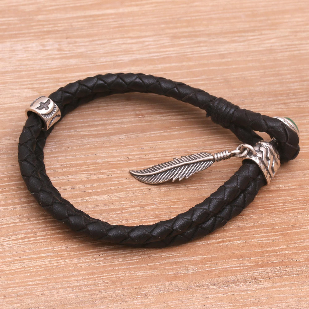Turquoise and Leather Braided Wristband Bracelet from Bali - Feather of Bravery