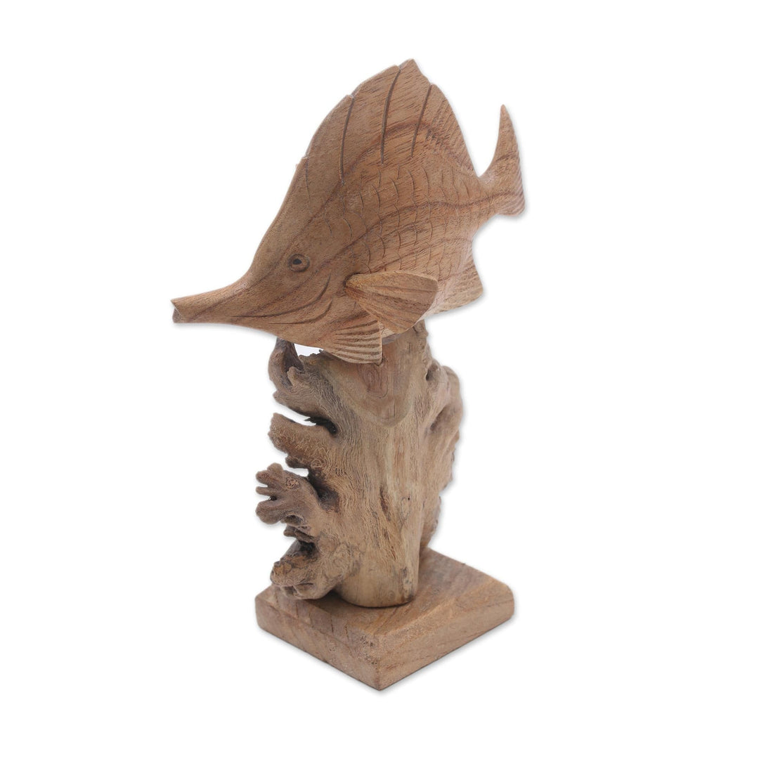 Hand-Carved Jempinis Wood Swimming Tang Fish Sculpture - Tang Fish