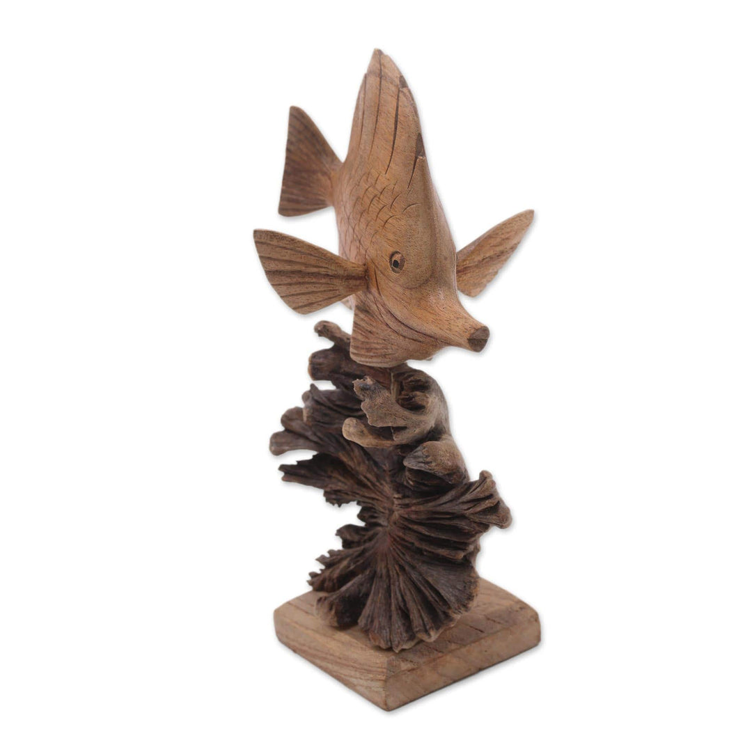 Hand-Carved Jempinis Wood Swimming Tang Fish Sculpture - Tang Fish