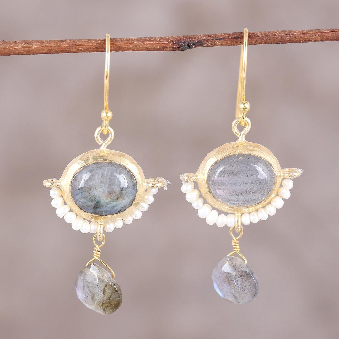 22k Gold Plated Cultured Pearl and Labradorite Earrings - Everlasting Allure