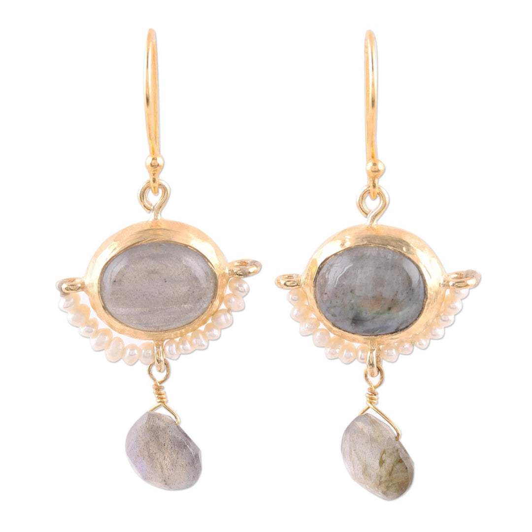 22k Gold Plated Cultured Pearl and Labradorite Earrings - Everlasting Allure
