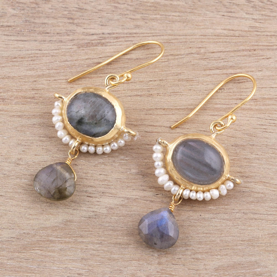 22k Gold Plated Cultured Pearl and Labradorite Earrings - Everlasting Allure