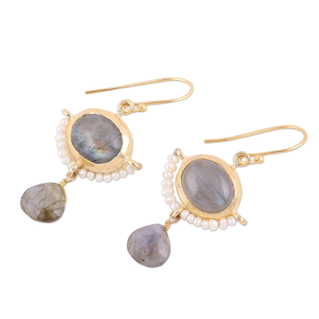 22k Gold Plated Cultured Pearl and Labradorite Earrings - Everlasting Allure