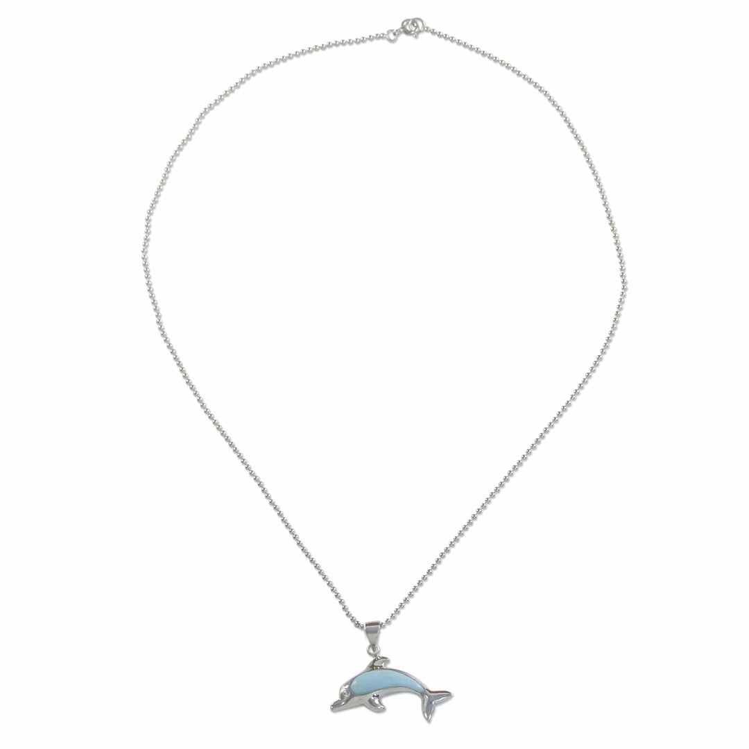 Larimar Sterling Silver Swimming Dolphin Pendant Necklace - Sleek Swimmer