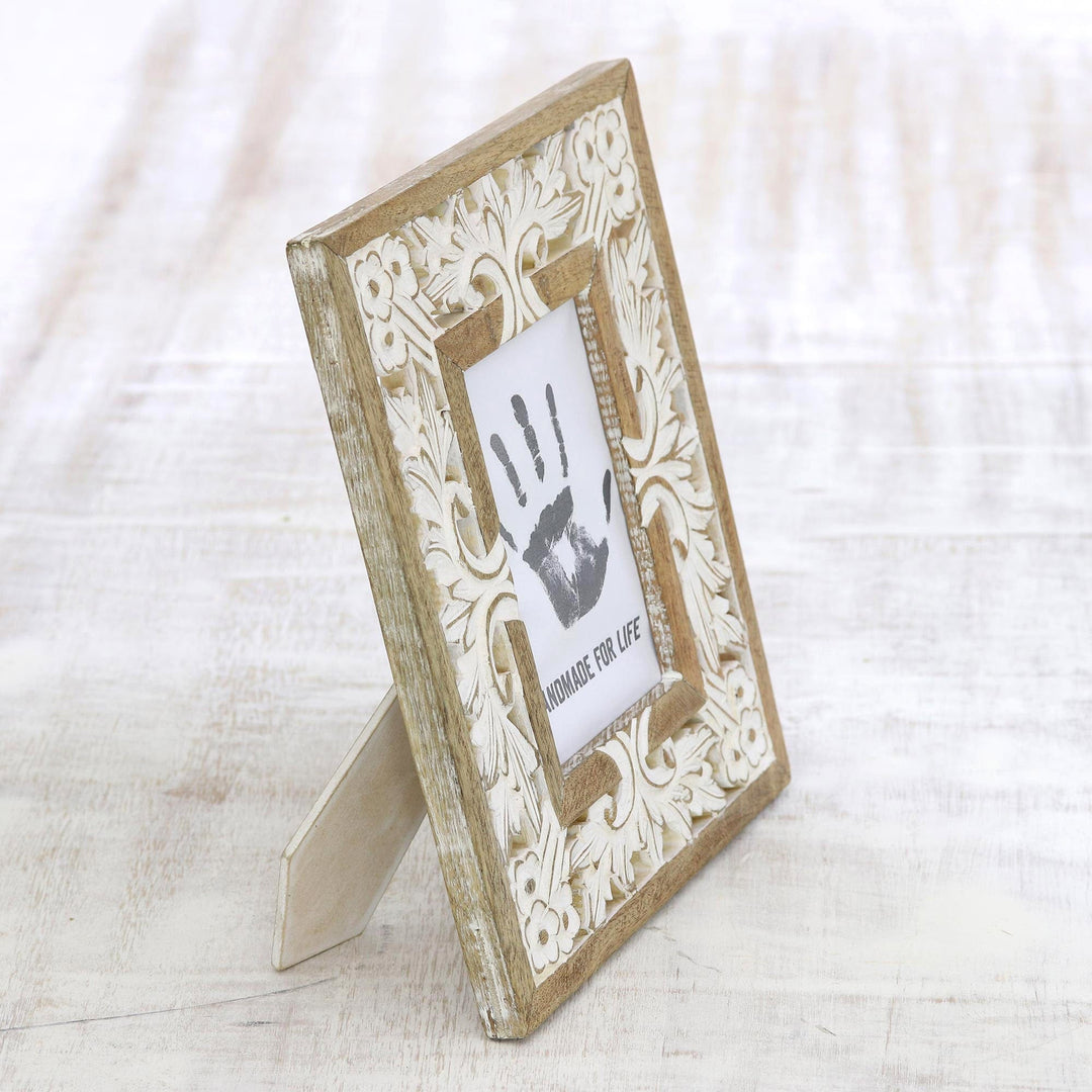 Mango Wood Photo Frame Crafted in India (4x6) - White Garden