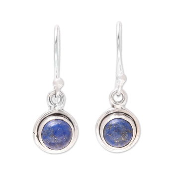 Round Lapis Lazuli Dangle Earrings from India - Adorable Moon in Deep Blue