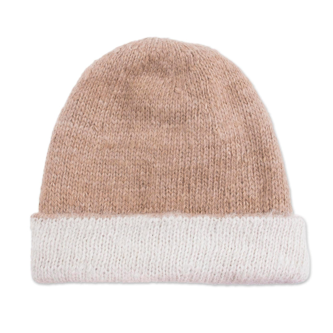 100% Alpaca Hat in Beige and White from Peru - Cozy Winter in Tan