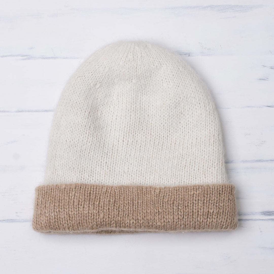 100% Alpaca Hat in Beige and White from Peru - Cozy Winter in Tan
