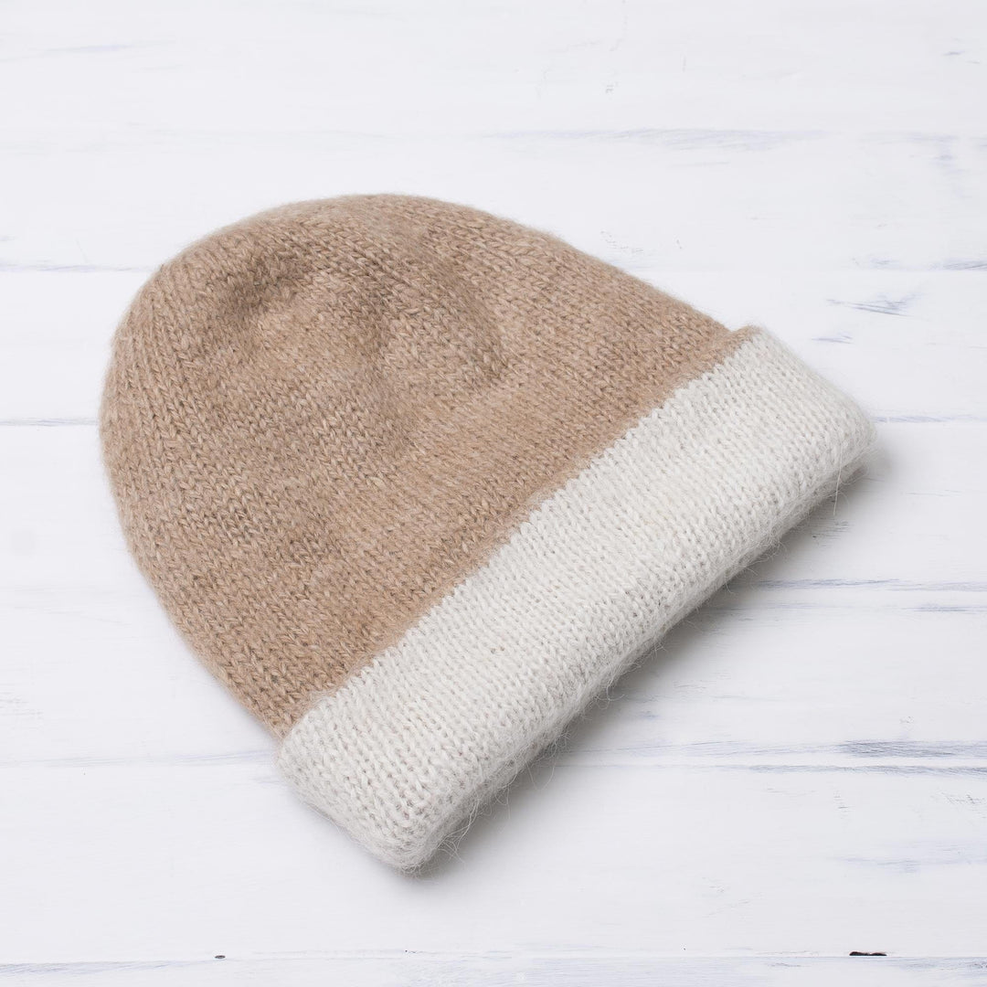 100% Alpaca Hat in Beige and White from Peru - Cozy Winter in Tan