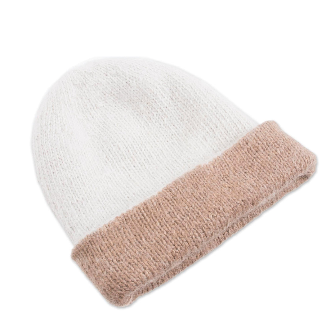 100% Alpaca Hat in Beige and White from Peru - Cozy Winter in Tan