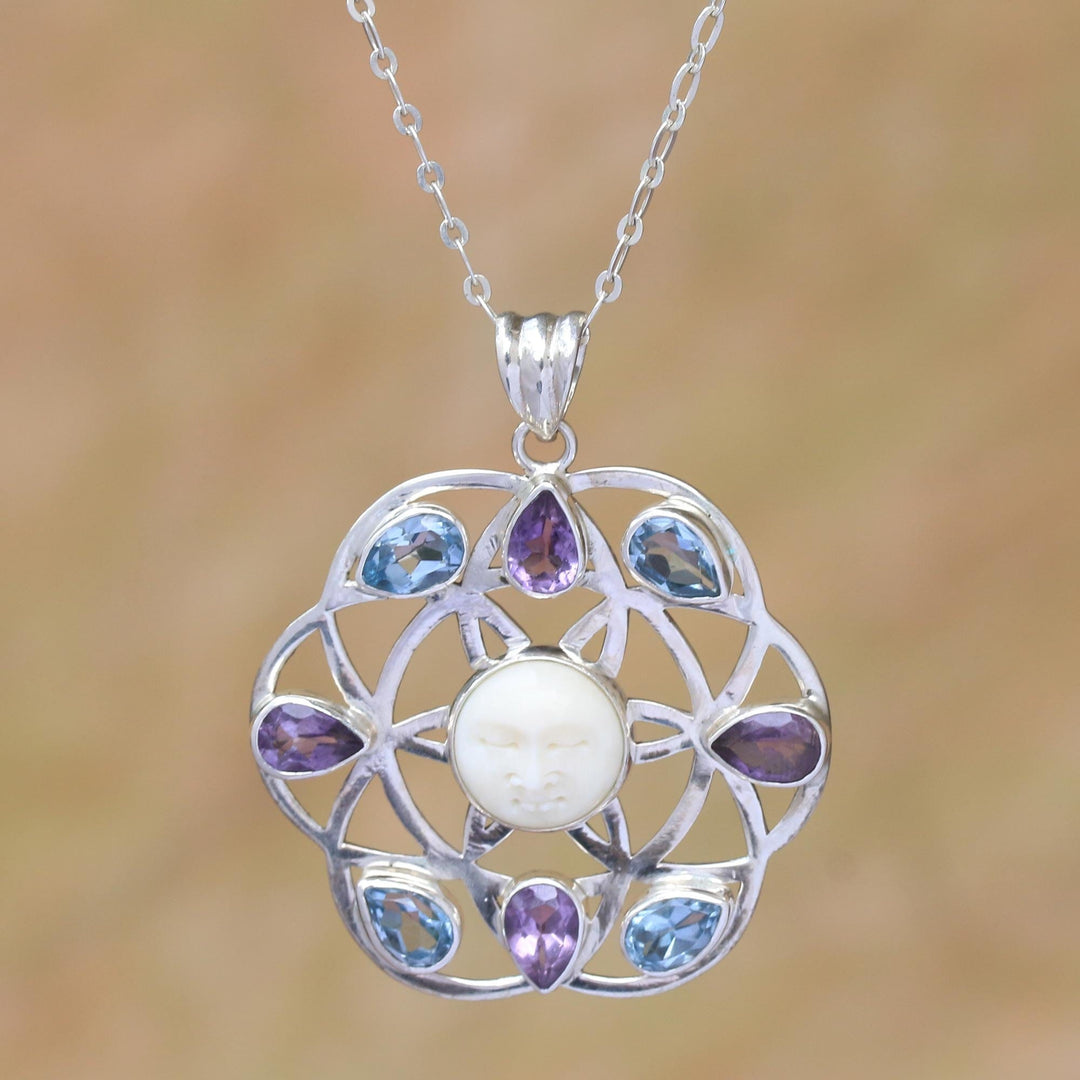 Blue Topaz and Amethyst Sun Face Pendant Necklace from Bali - Matahari