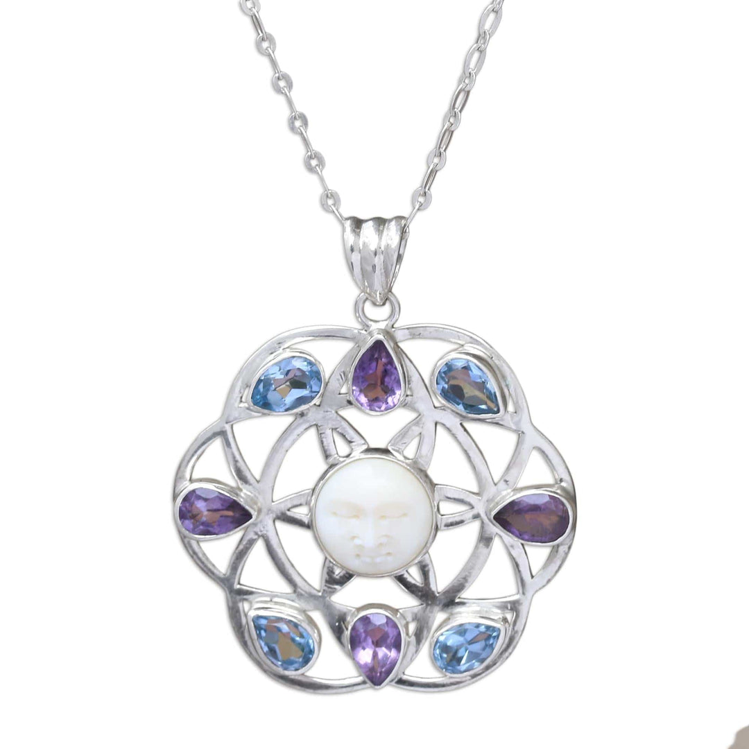 Blue Topaz and Amethyst Sun Face Pendant Necklace from Bali - Matahari