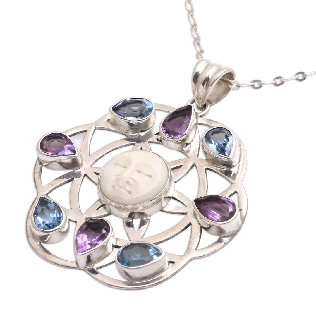 Blue Topaz and Amethyst Sun Face Pendant Necklace from Bali - Matahari