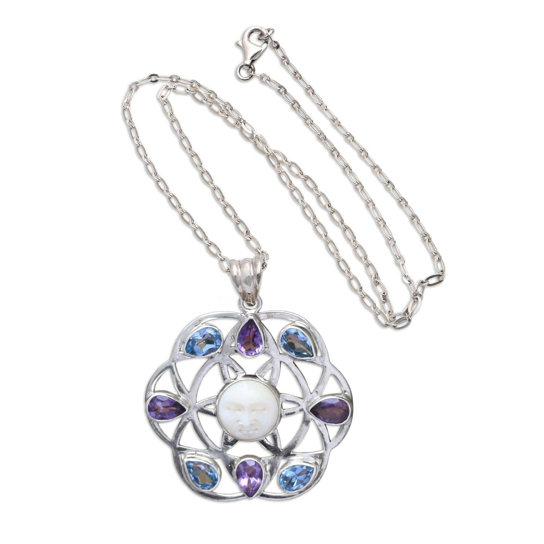 Blue Topaz and Amethyst Sun Face Pendant Necklace from Bali - Matahari