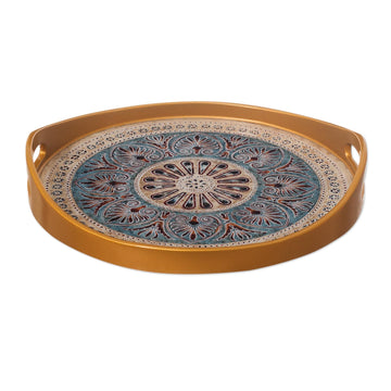 Circular Reverse-Painted Glass Tray (12 Inch) - Heart Mandala