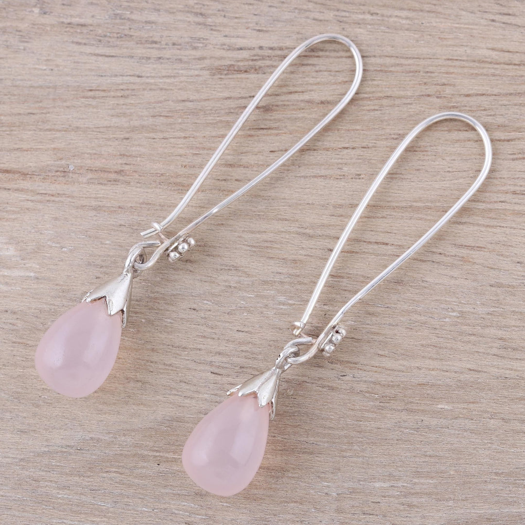 Pink Chalcedony and Sterling Silver Teardrop Dangle Earrings - Graceful Tear in Pink