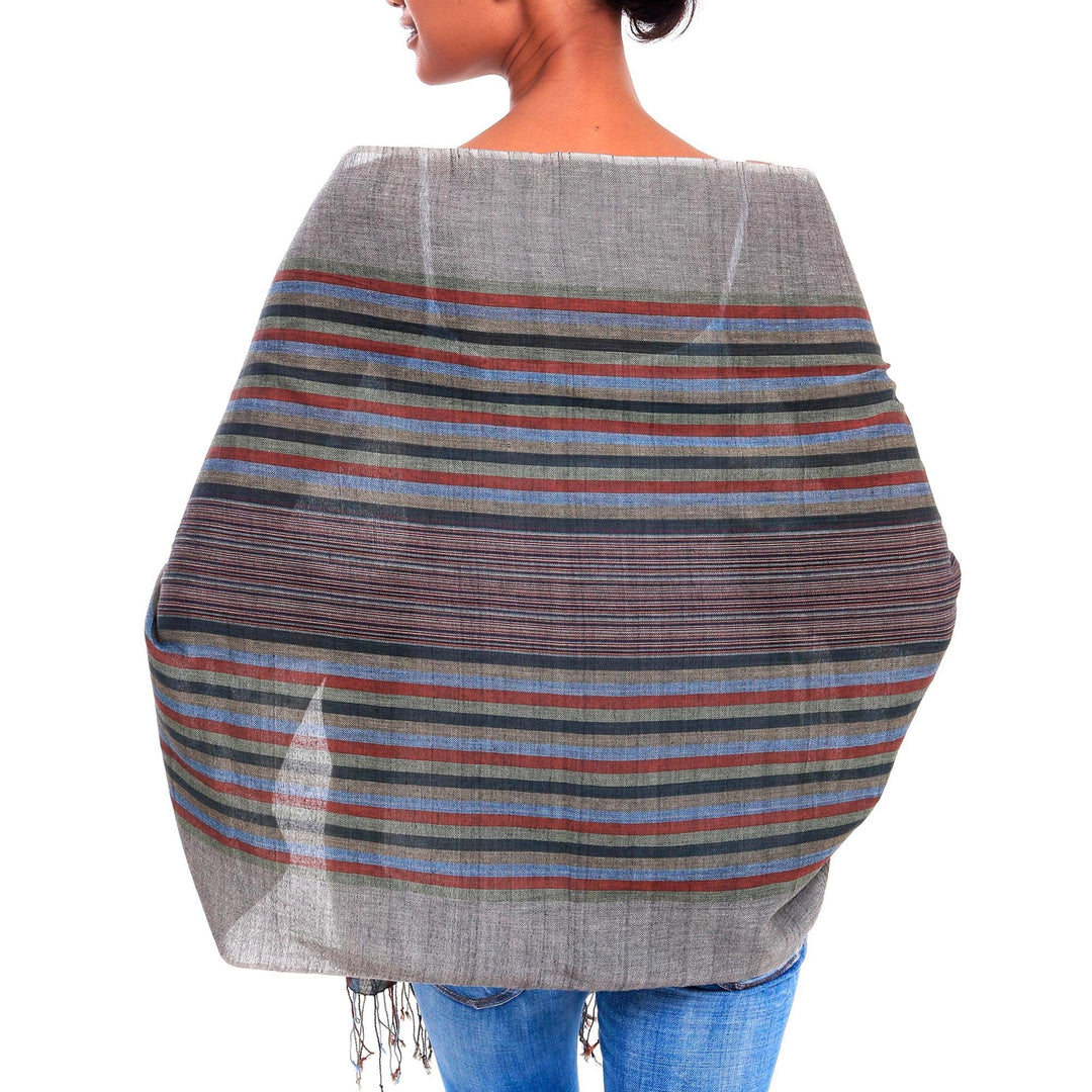 Grey Crimson Green Striped 100% Cotton Lightweight Shawl - Gentle Currents