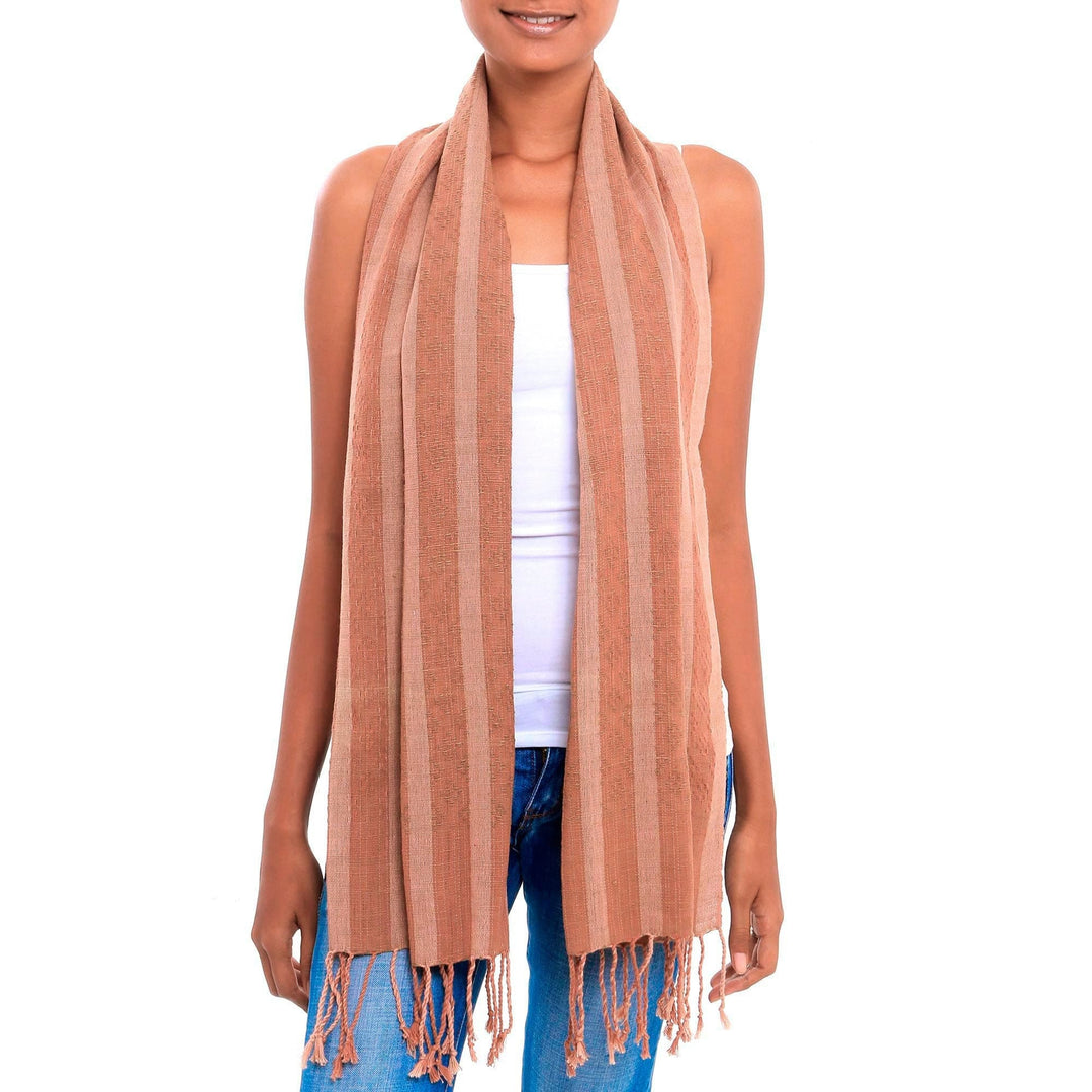 Shades of Brown Striped Handwoven Cotton Fringed Scarf - High Sierra