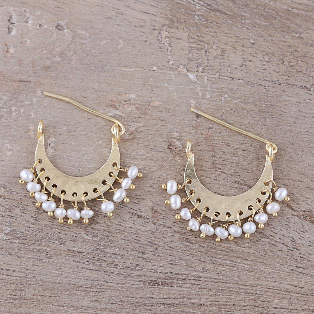 Gold Plated Cultured Pearl Hoop Earrings - Glowing Crescents