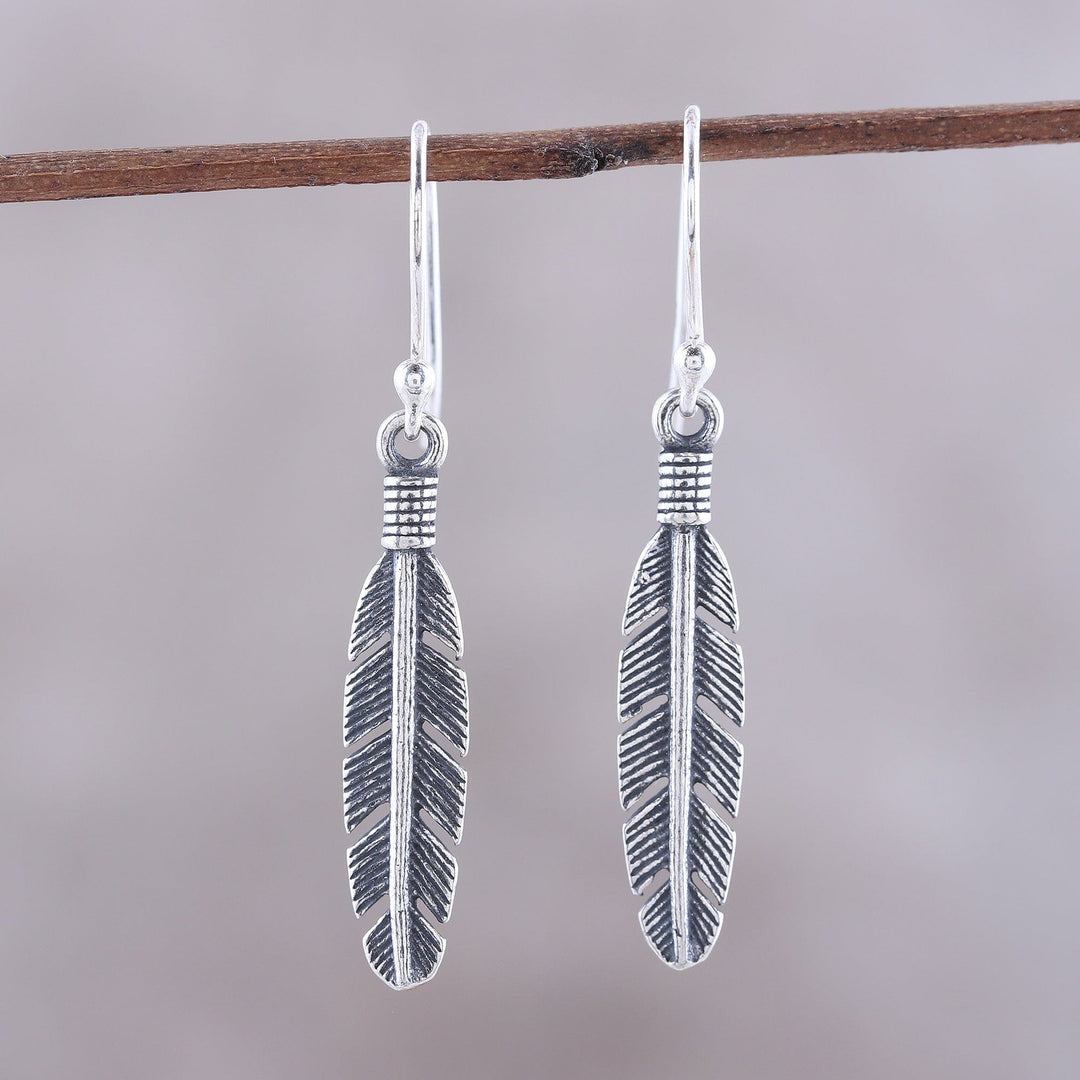 Sterling Silver Feather Dangle Earrings from India - Light Touch