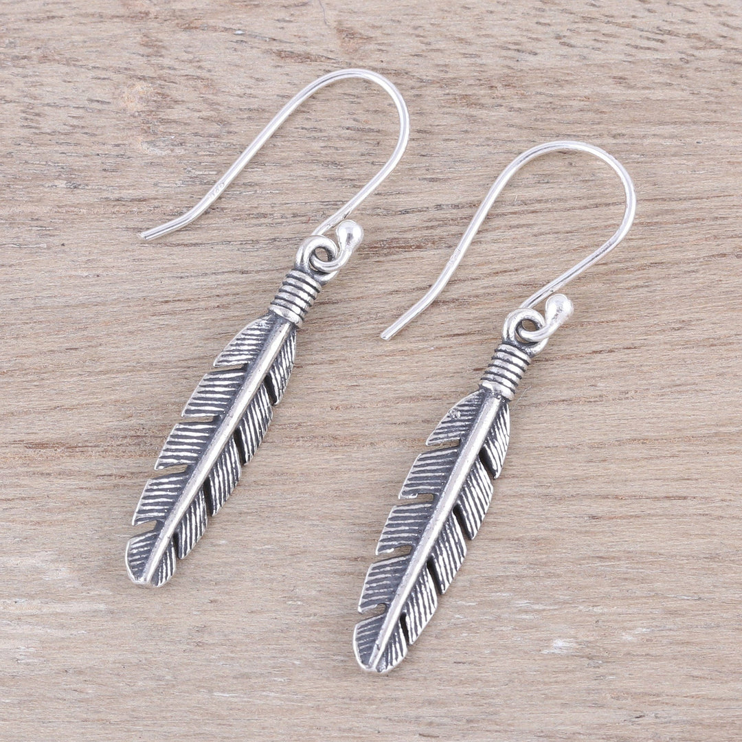 Sterling Silver Feather Dangle Earrings from India - Light Touch