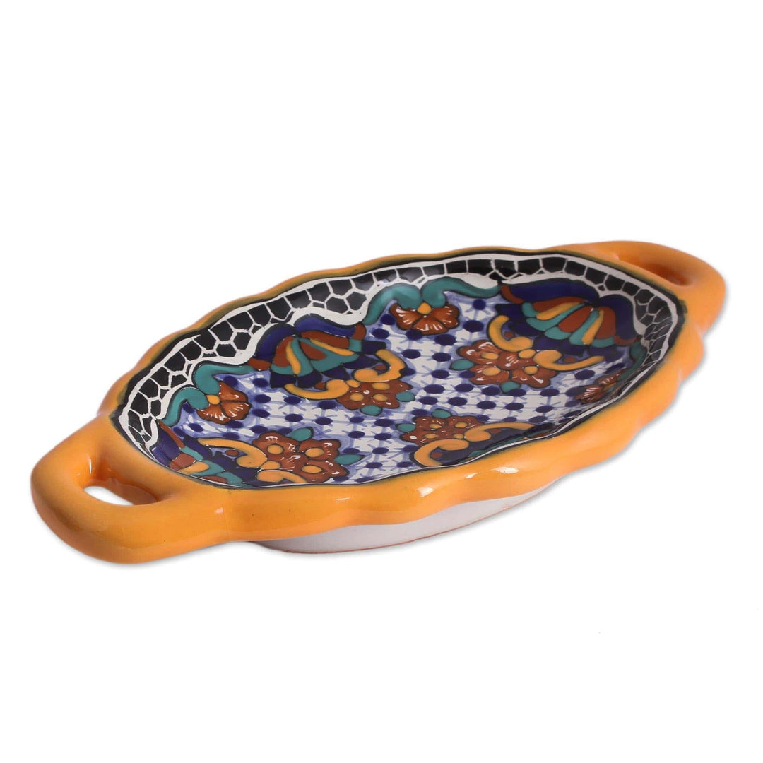 Talavera-Style Ceramic Serving Dish from Mexico - Zacatlan Flowers