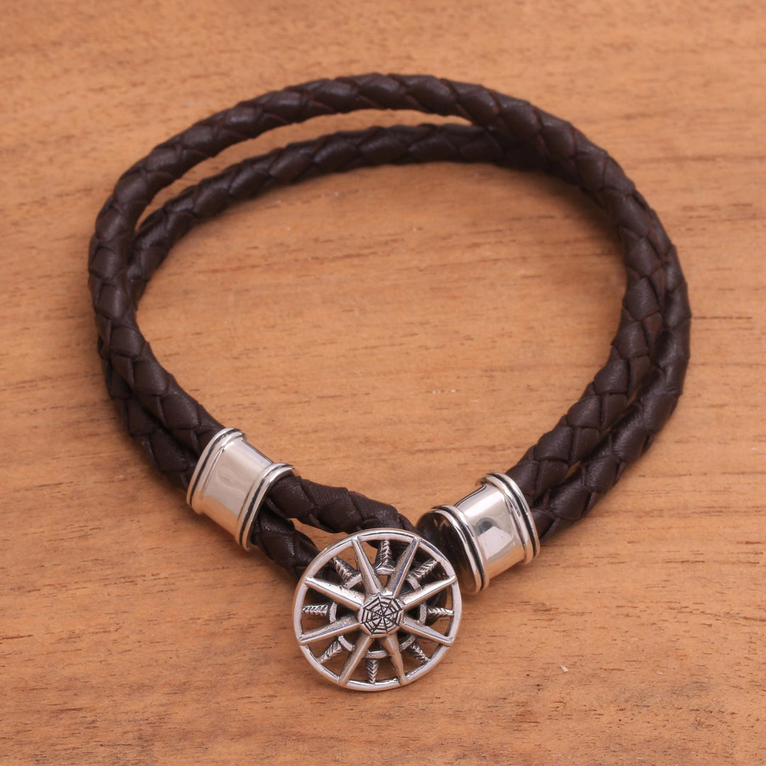 Leather Braided Cord Bracelet with a Sterling Silver Compass - True North
