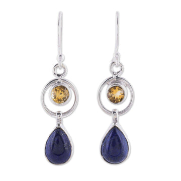 Lapis Lazuli and Citrine Dangle Earrings from India - Gleaming Midnight