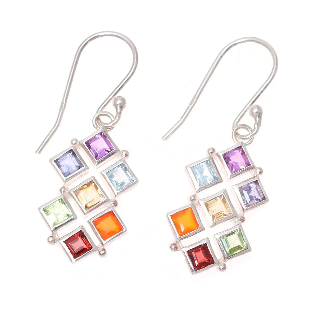 Multi-Gemstone Chakra Dangle Earrings from India - Wellness