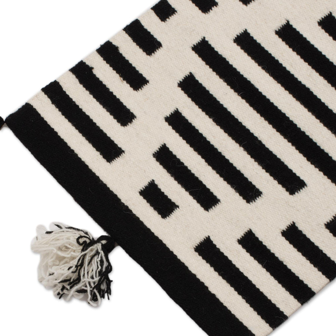 Diamond Motif Wool Table Runner in Black and Antique White - Diamond Illusion