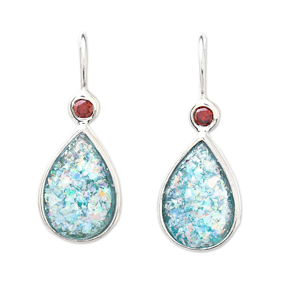 Drop-Shaped Garnet and Roman Glass Drop Earrings - Roman Glitter