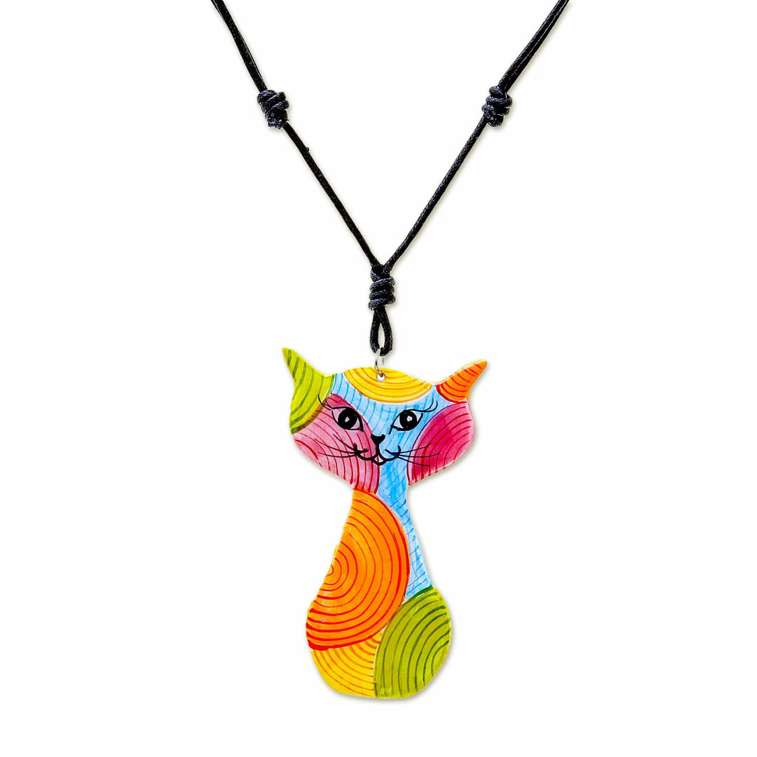 Colorful Ceramic Cat Pendant Necklace from Thailand - Rainbow Cat