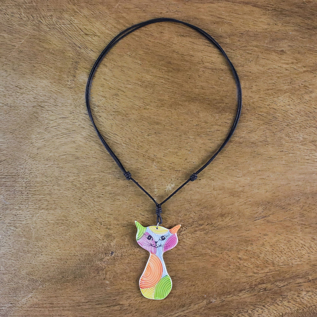 Colorful Ceramic Cat Pendant Necklace from Thailand - Rainbow Cat